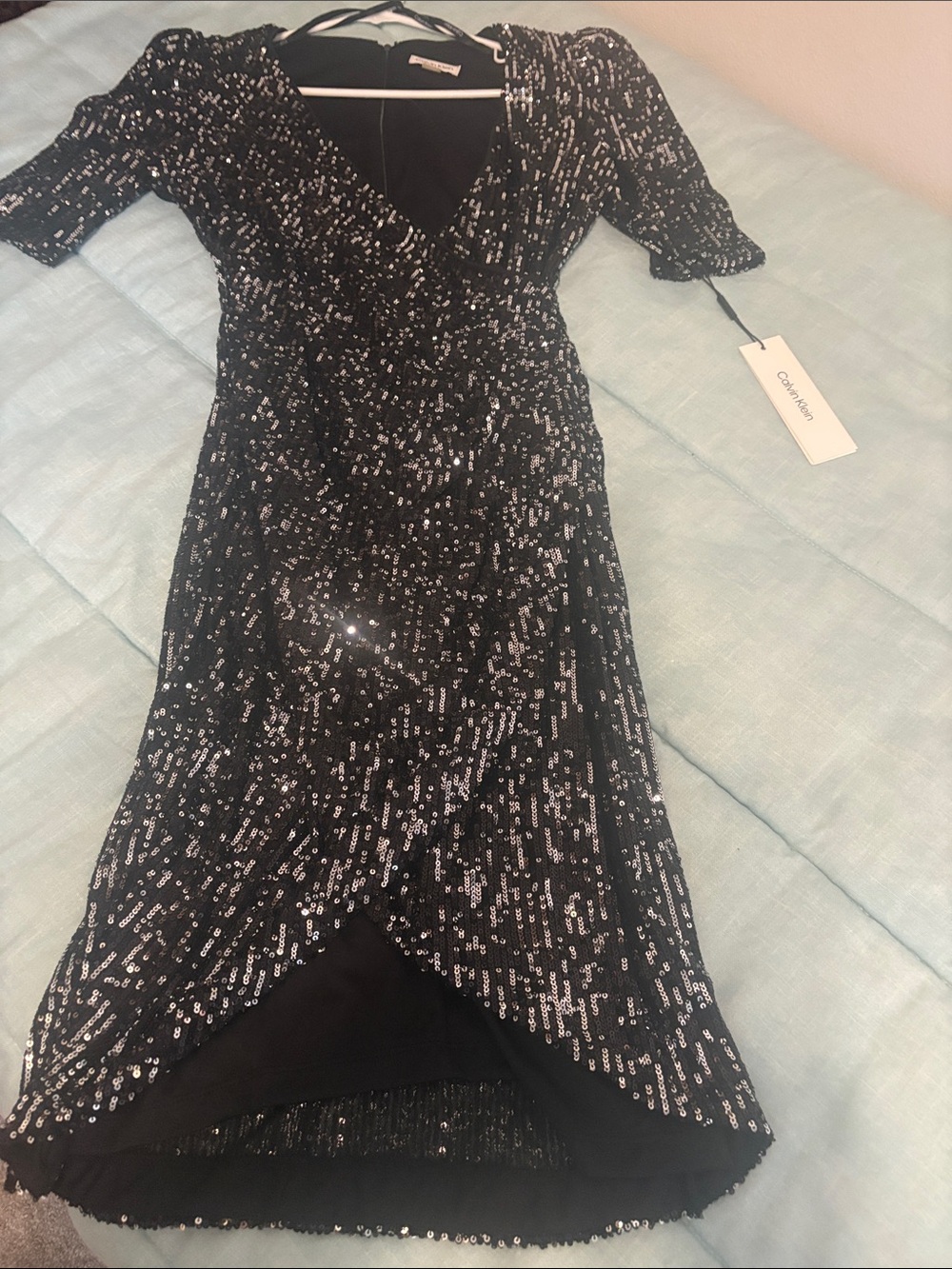 Calvin Klein Black Dress with Silver Sequins Midi 40” long 16”P2P